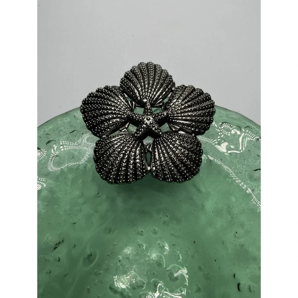 Vintage Green Bubble Oblong Glass Dish w/ Silver Starfish & Clams Emblem